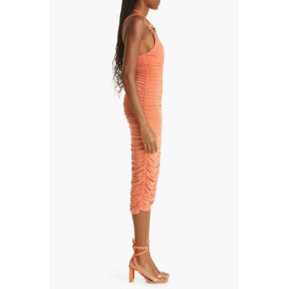 ALC Allegra Ruched Bead Embellished Midi Dress Bodycon Halter Orange Size Medium - Picture 3 of 12